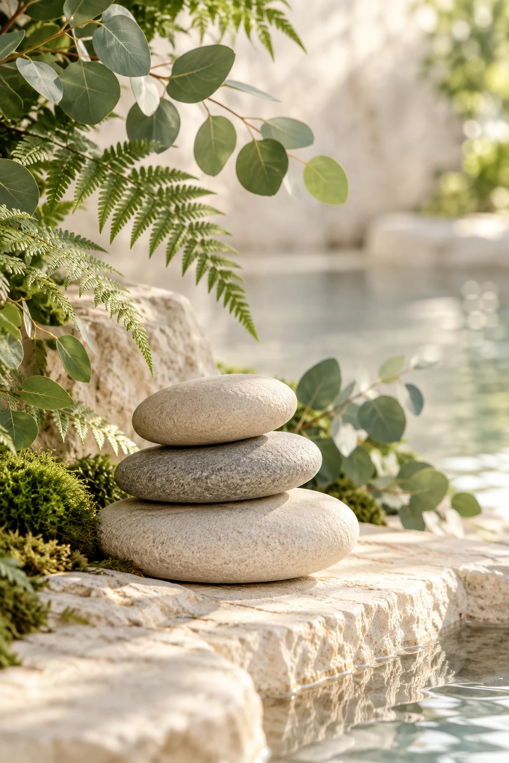 Greenery and smooth spa stones in natural light
